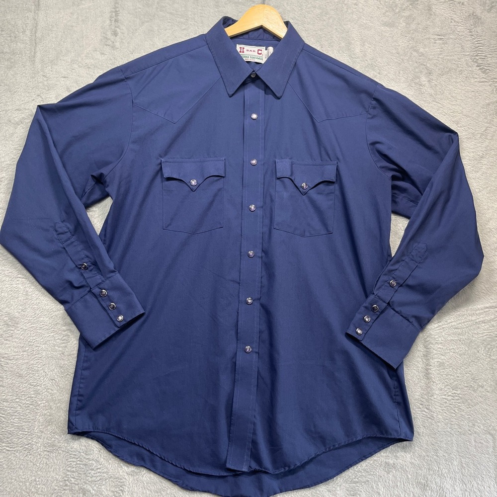 H Bar C Western Shirt Mens Navy Blue Pearl Snap Long Sleeve Vintage USA  17 35